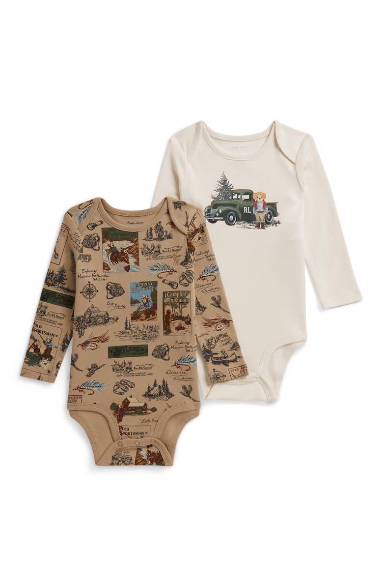 Kids' 2-Pack Long Sleeve Cotton Bodysuits, Main, color, WILDERNESS SCOUT BABY BEAR