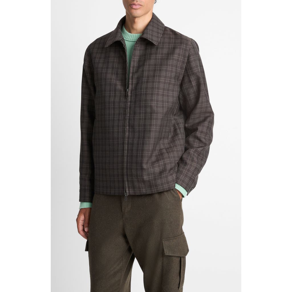 Vince Plaid Wool Blend Zip Jacket In Gray