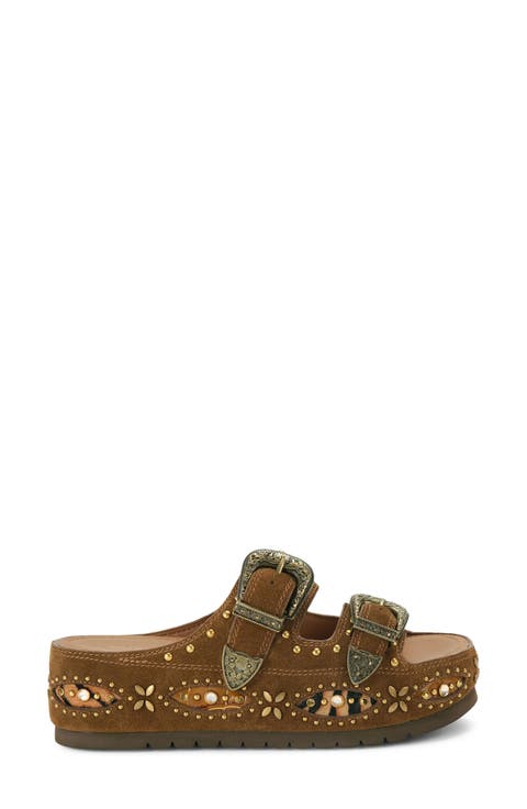 <p>Western Buckle Leather Flatform Slide Sandal (Women)</p>