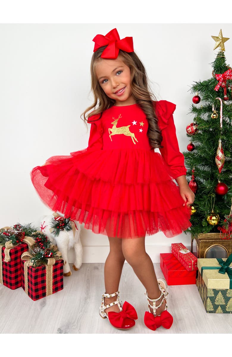 Mia Belle Girls Golden Reindeer Ruffled Tutu Dress, Alternate, color, Red