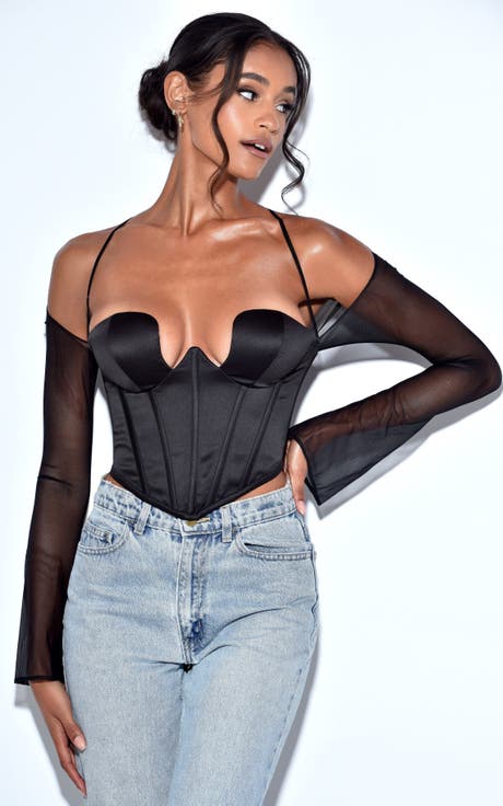 Pixie Mesh Sleeve Halter Corset Satin Top