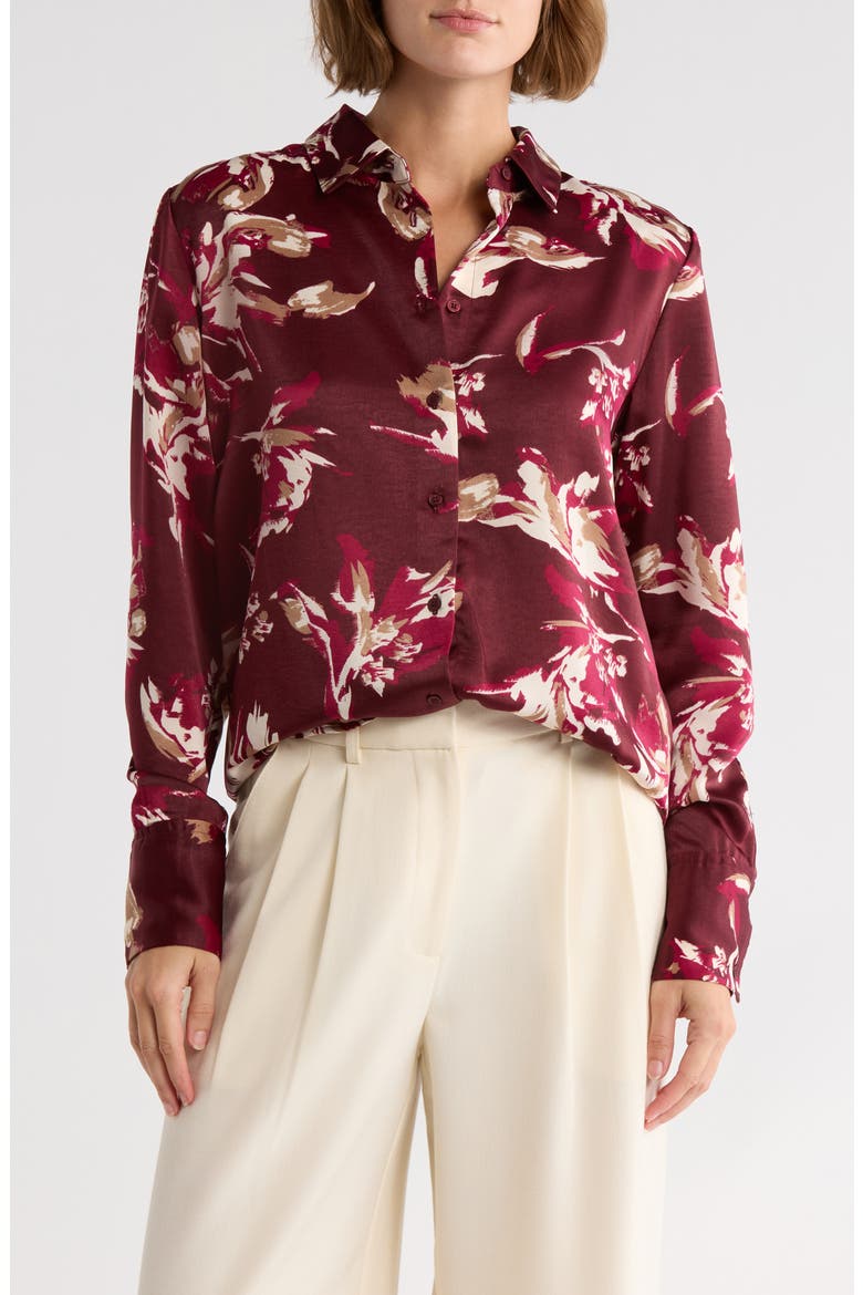 Satin Long Sleeve Button-Up Shirt, Main, color, BURGUNDY T BILLIE ABSTRACT
