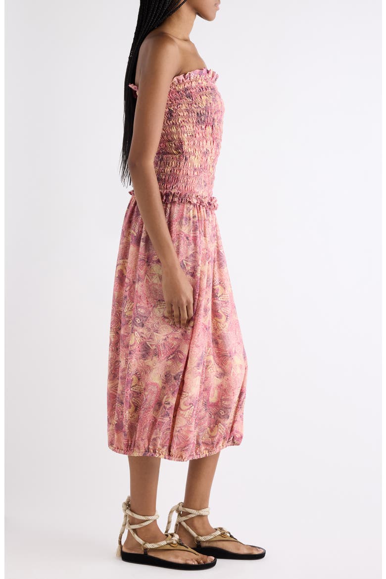 Cleane Print Smocked Strapless Silk Midi Dress, Alternate, color, PINK