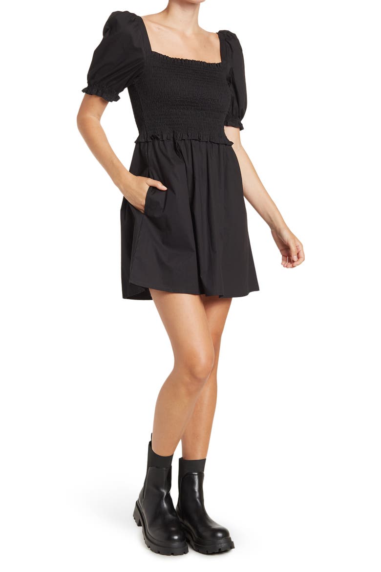 Rhodes Short Sleeve Smocked Poplin Dress, Main, color, BLACK