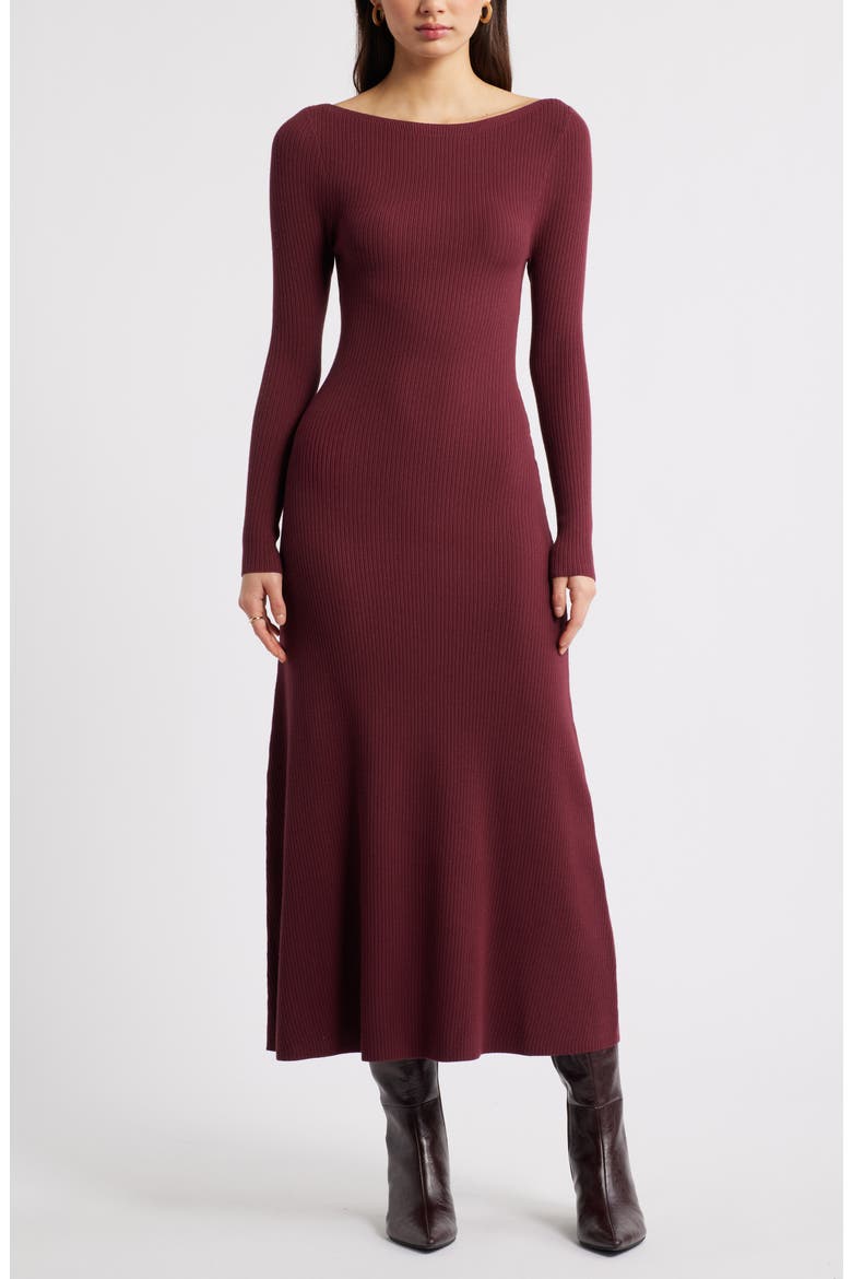 Long Sleeve Rib Maxi Dress, Main, color, BURGUNDY TANNIN