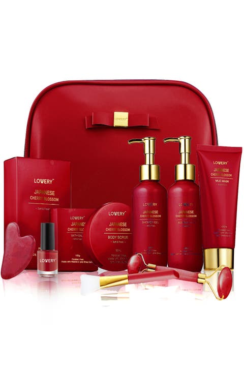 Luxury Japanese Cherry Blossom Bath and Body Beauty Kit with Leather Bag