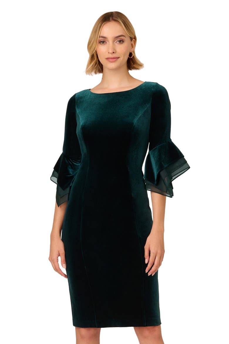 Velvet Bell Sleeve Sheath Dress, Alternate, color, HUNTER
