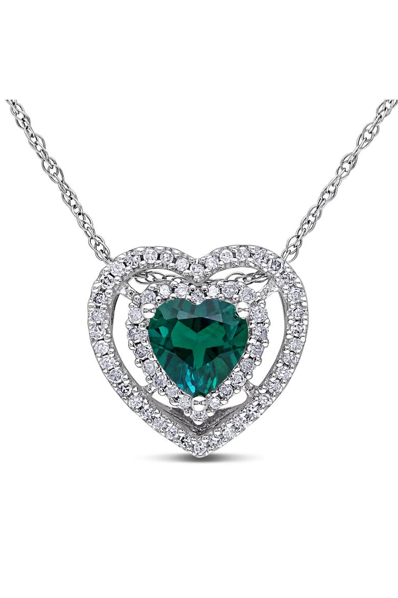 Gemstone & Diamond Halo Heart Necklace 10K, Main, color, Created Emerald
