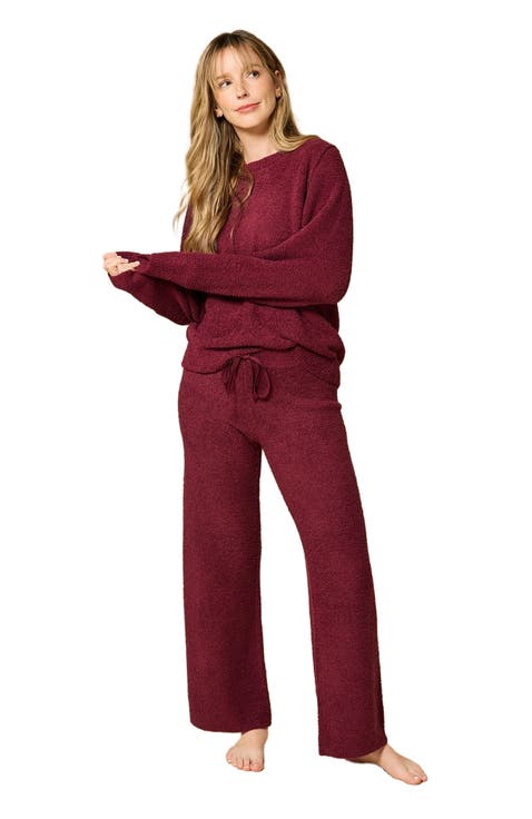 Solid Marshmallow Reverse Seam Crew Neck Lounge Set with Bracelet Sleeve