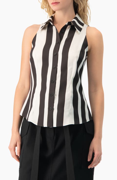 Bold Vertical Stripe Sleeveless Fitted Button-Front Shirt
