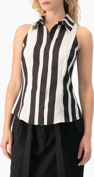 IVONNE Bold Vertical Stripe Sleeveless Fitted Button-Front Shirt