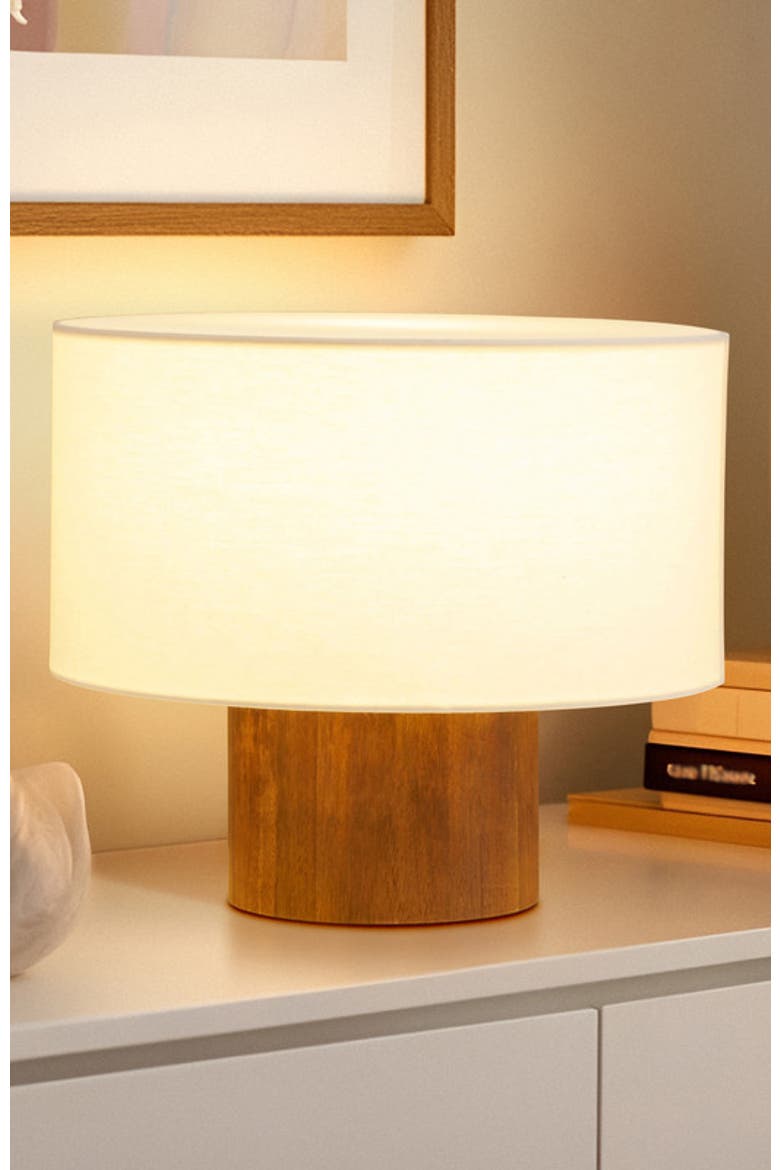 Oliver 10" LED Desk Lamp with Wood Accent and White Cotton Drum Shade, Bulb Included, Alternate, color, Walnut
