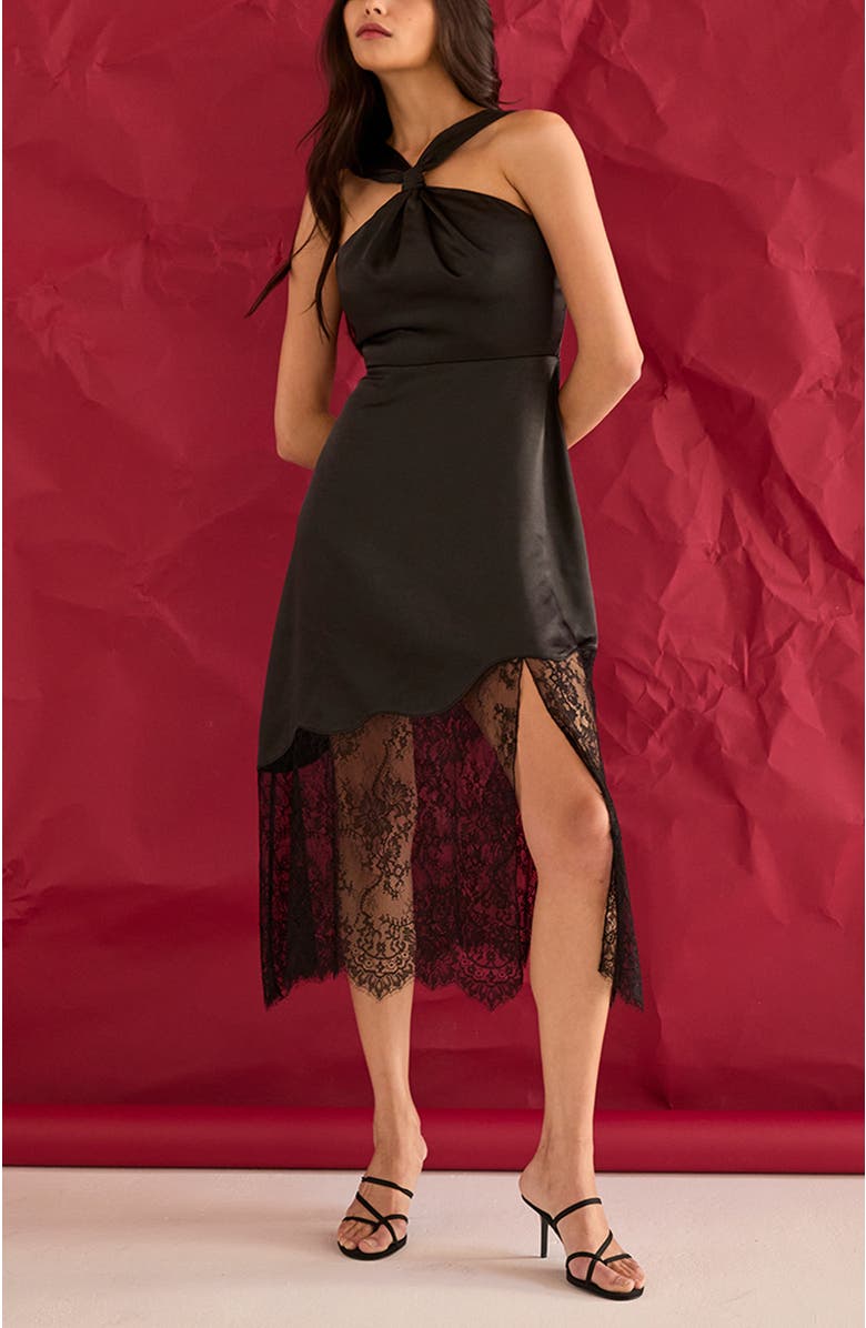 CRESCENT Lace Hem Satin Halter Midi Dress, Alternate, color, Black