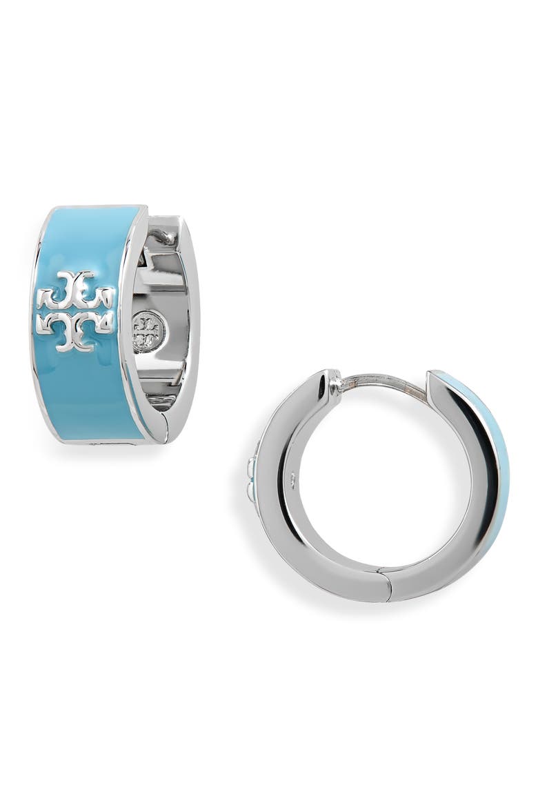 Kira Enamel Hoop Earrings, Main, color, TORY SILVER/ LANAI BLUE