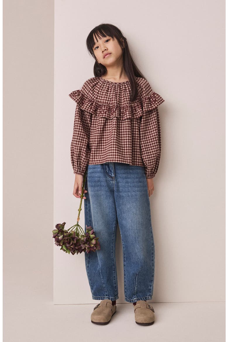 Kids' Check Embroidered Ruffle Blouse, Alternate, color, BROWN
