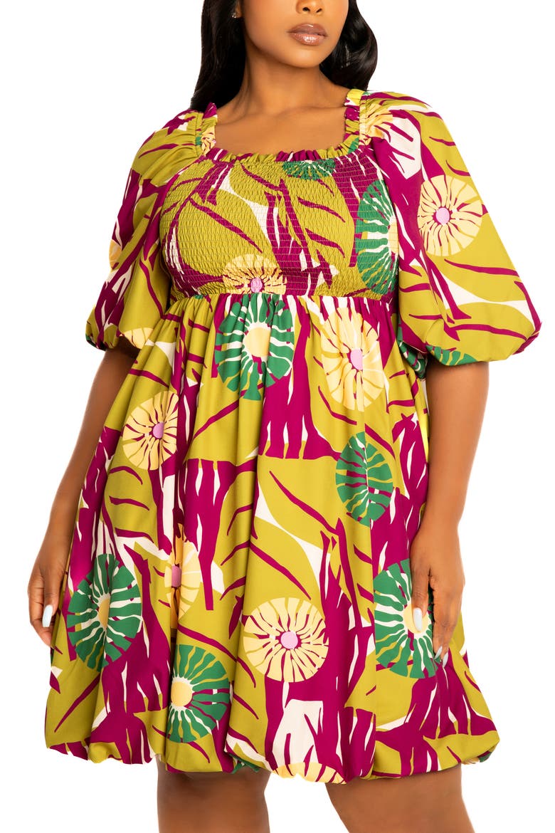 Floral Smocked Puff Sleeve Bubble Hem Dress, Alternate, color, OLIVE MULTI