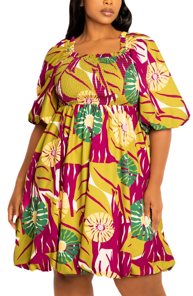 BUXOM COUTURE Floral Smocked Puff Sleeve Bubble Hem Dress, Alternate, color, Olive Multi