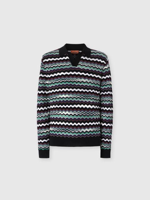 Long Sleeve Polo With V-neck And Zigzag Pattern