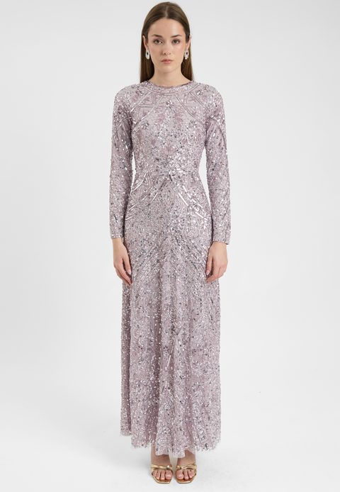 Modest Embellished Allover Sequin Beaded Dress Maxi