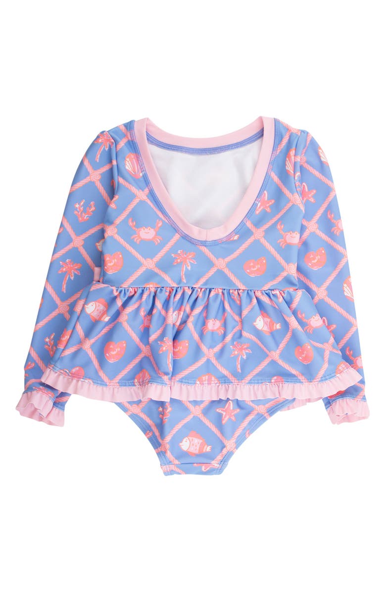 RuffleButts UPF50+ Long Sleeve One Piece Bow Peplum Rash Guard Swimsuit, Alternate, color, Tropical Trellis