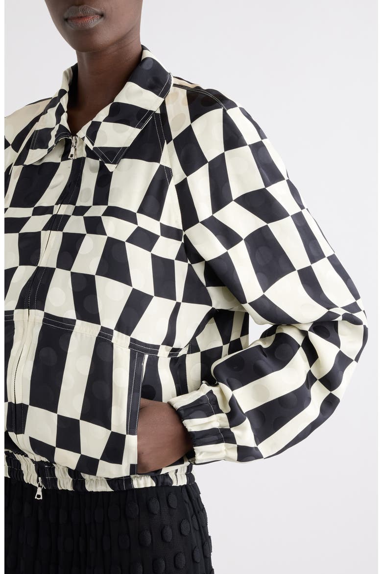 Optical Squares & Polka Dot Satin Bomber Jacket, Alternate, color, BLACK