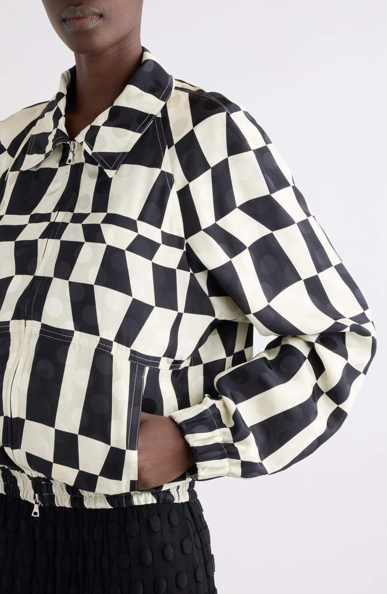 Dries Van Noten Optical Squares & Polka Dot Satin Bomber Jacket, Alternate, color, Black