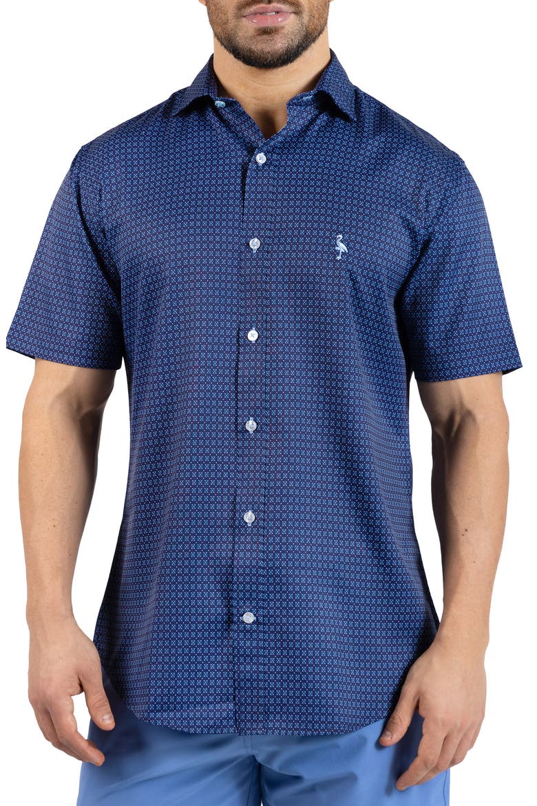 Geometric Floral Performance Short Sleeve Button-Up Shirt, Main, color, DENIM