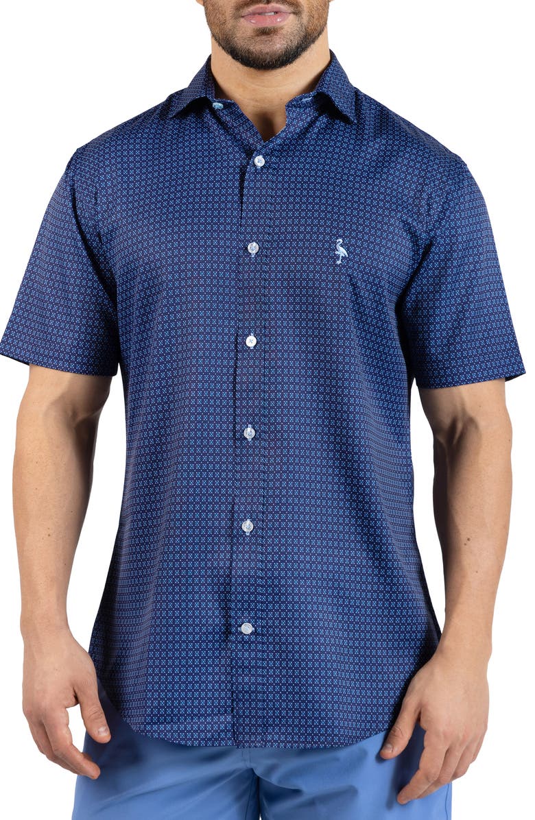 TailorByrd Geometric Floral Performance Short Sleeve Button-Up Shirt, Main, color, Denim