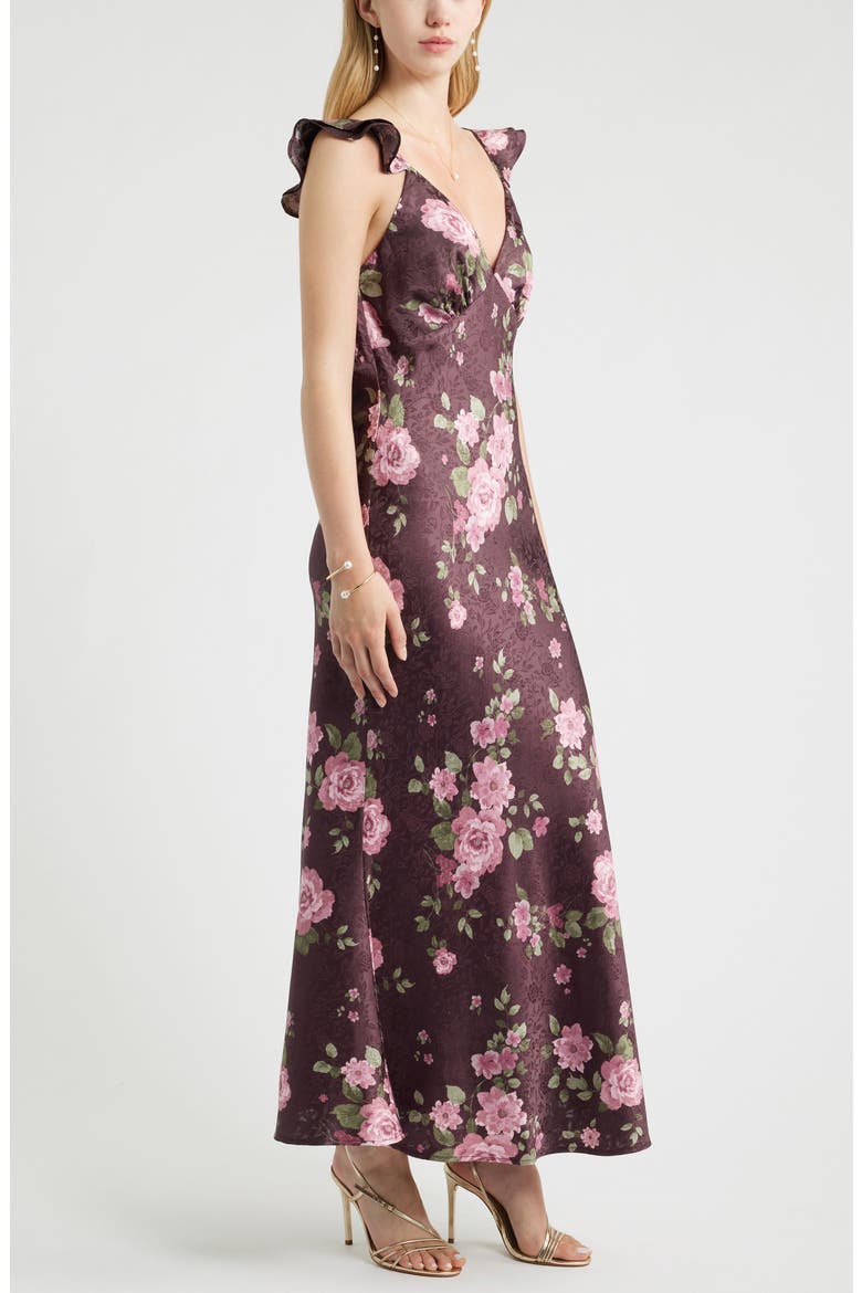 Floral Satin Flutter Sleeve Maxi Dress, Alternate, color, BURGUNDY FLORAL