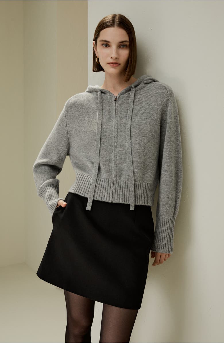Lilysilk Women's Short Zip-Up Wool Cashmere Hoodie, Alternate, color, Light Gray