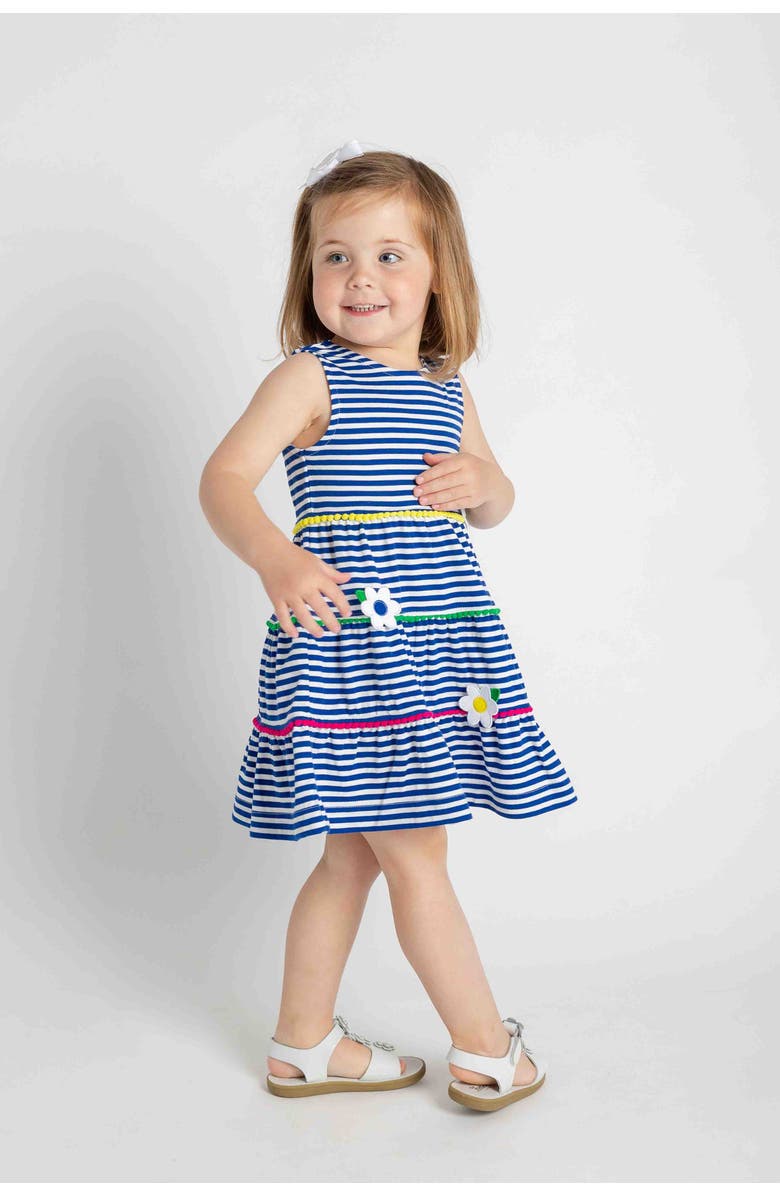 Florence Eiseman Stripe Knit Dress With Pom Poms & Flowers, Alternate, color, Blue/White