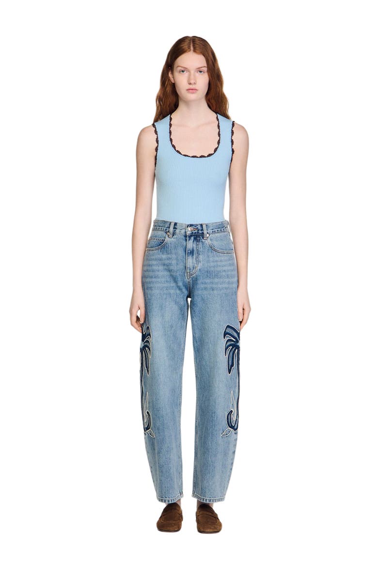 Palm-embroidered wide barrel jeans, Alternate, color, Blue jean