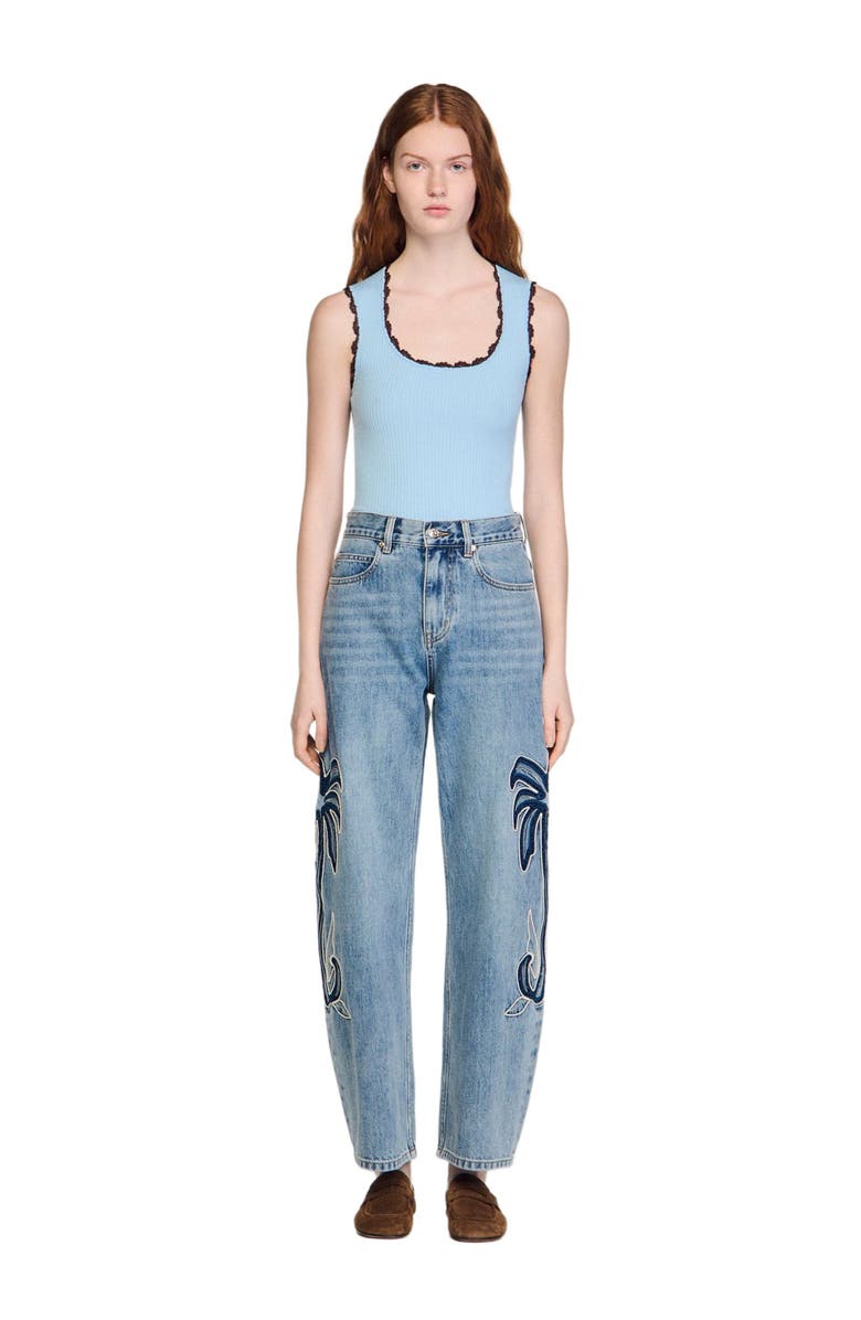 SANDRO Palm-embroidered wide barrel jeans, Alternate, color, Blue Jean