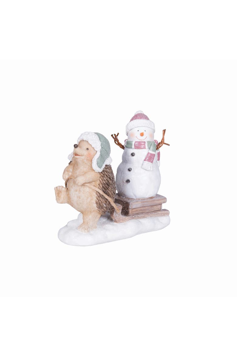 Hedgehog Pulling A Snowman Figurine, Main, color, White