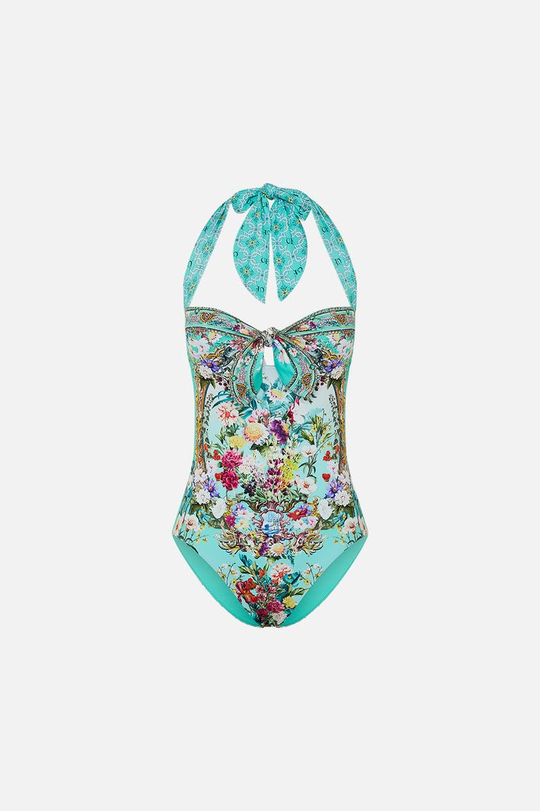 Tie Front Halter Neck One Piece Gardens Of Queluz, Alternate, color, Gardens Of Queluz