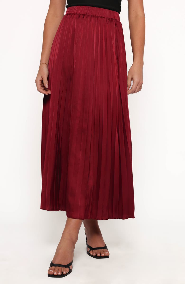 Petal & Pup Lysandra Pleated Satin Maxi Skirt, Main, color, Burgundy