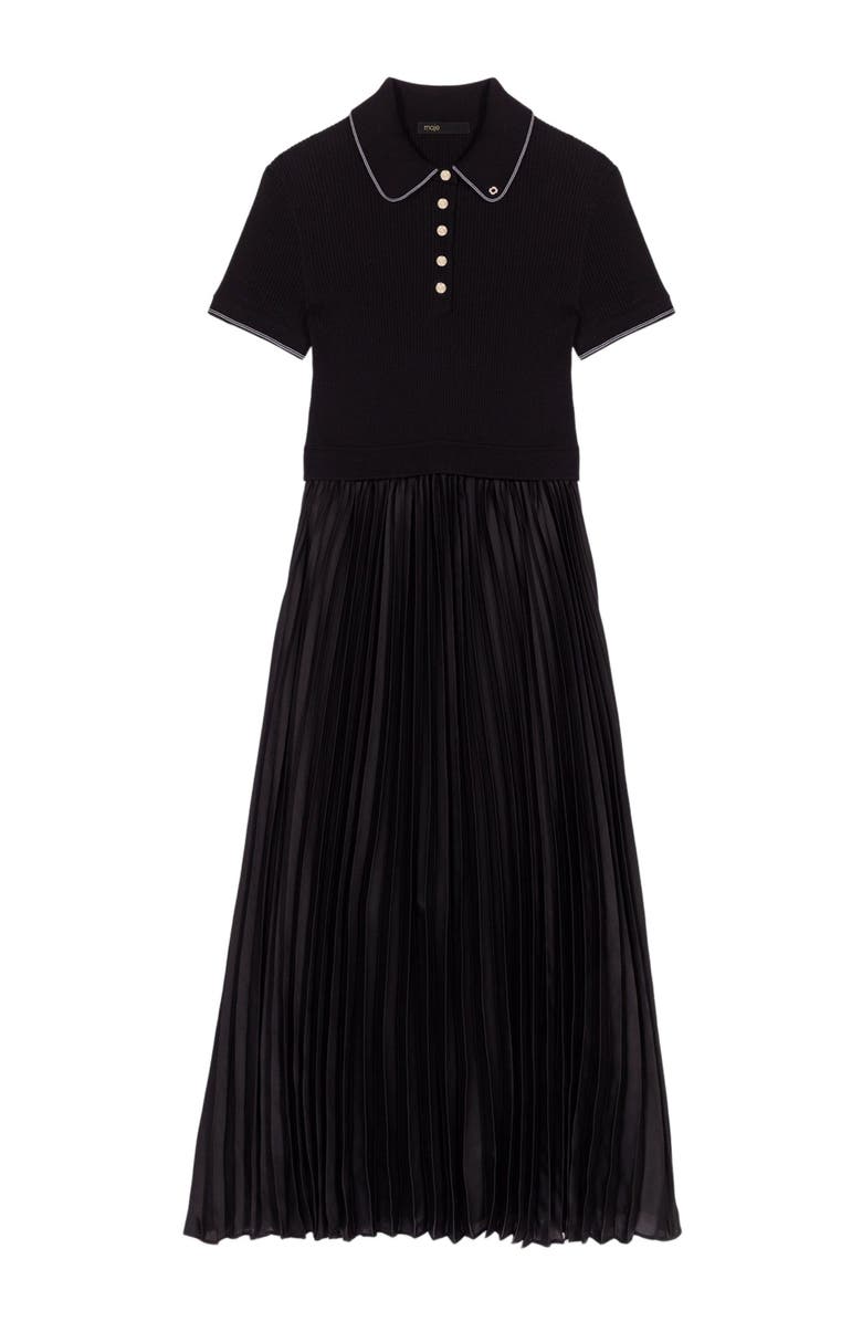 maje Pleated maxi dress with polo collar, Alternate, color, Black