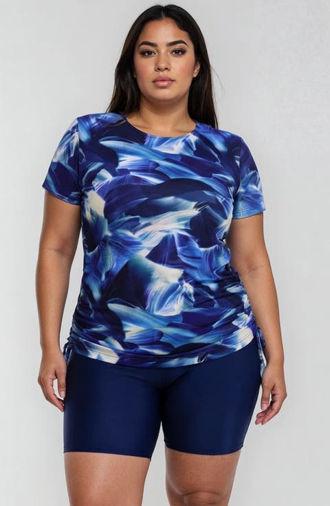 Plus Size Short Sleeve Adele Swim Top and Navy Mid-Thigh Swim Shorts Set