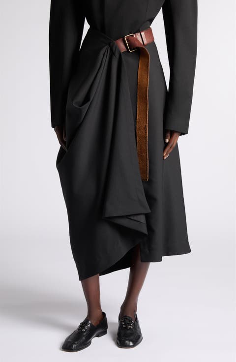 Belted Wool Grain de Poudre Long Skirt