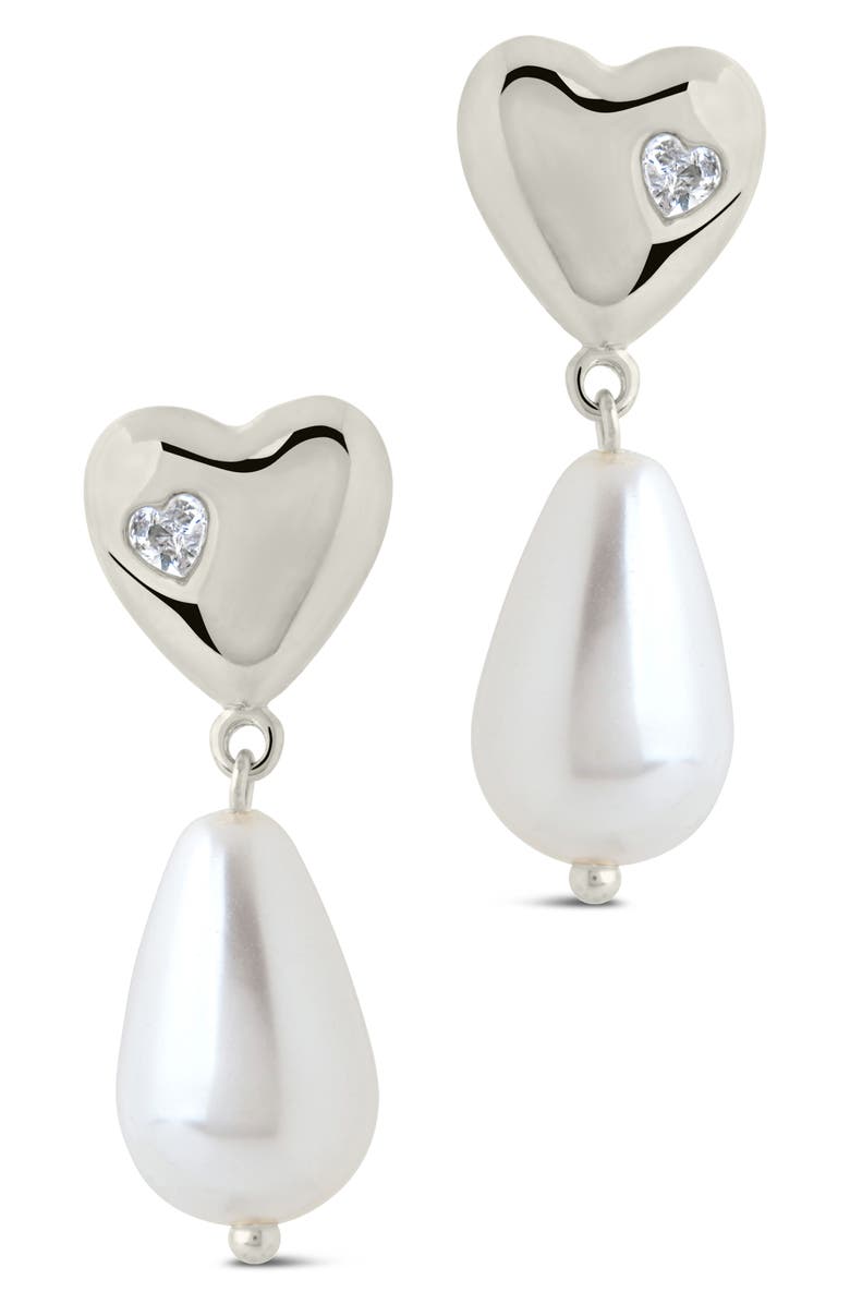 Sterling Forever Josephine Cubic Zirconia Heart 5–5.5mm Pearl Drop Earrings, Alternate, color, Silver