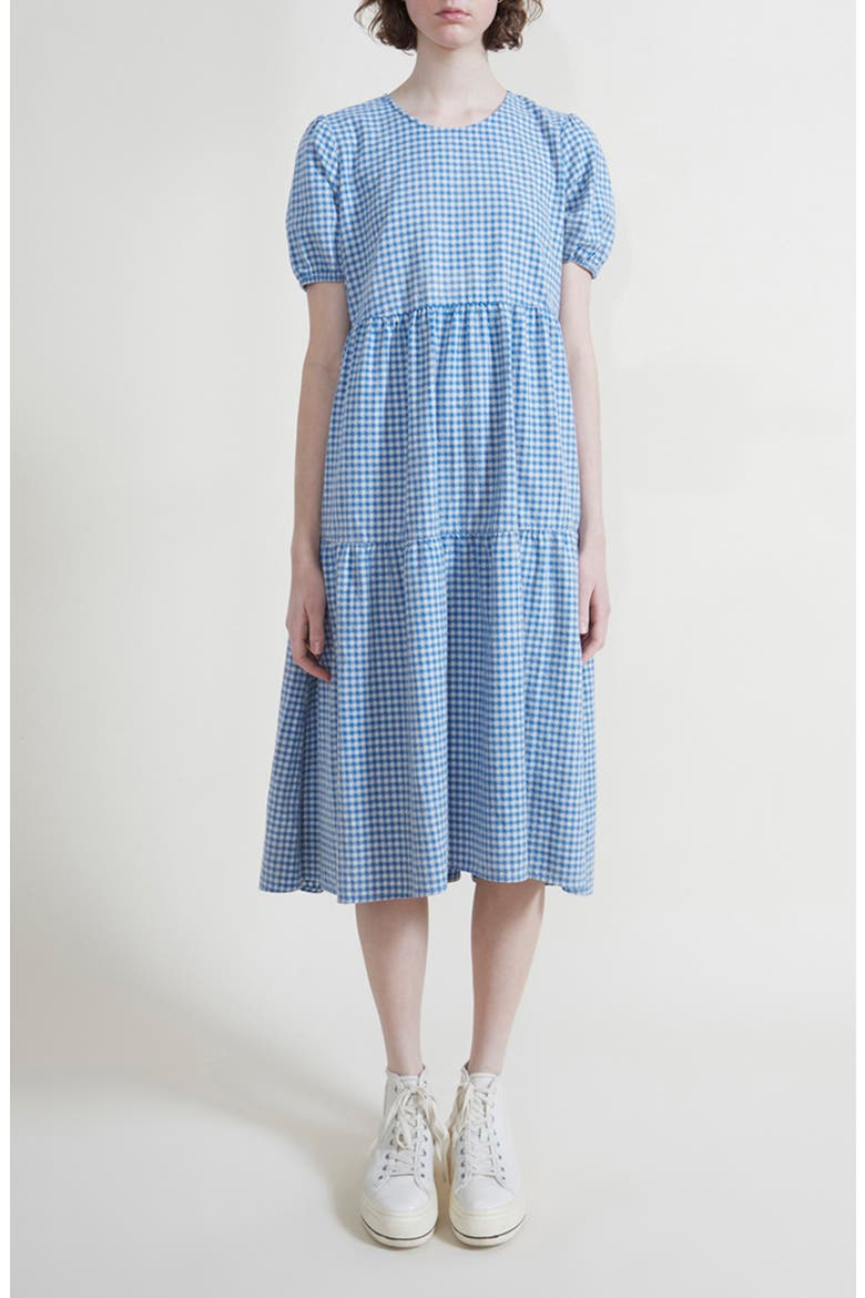 Tiered Cotton Midi Dress, Main, color, BRIGHT BLUE MINI GINGHAM