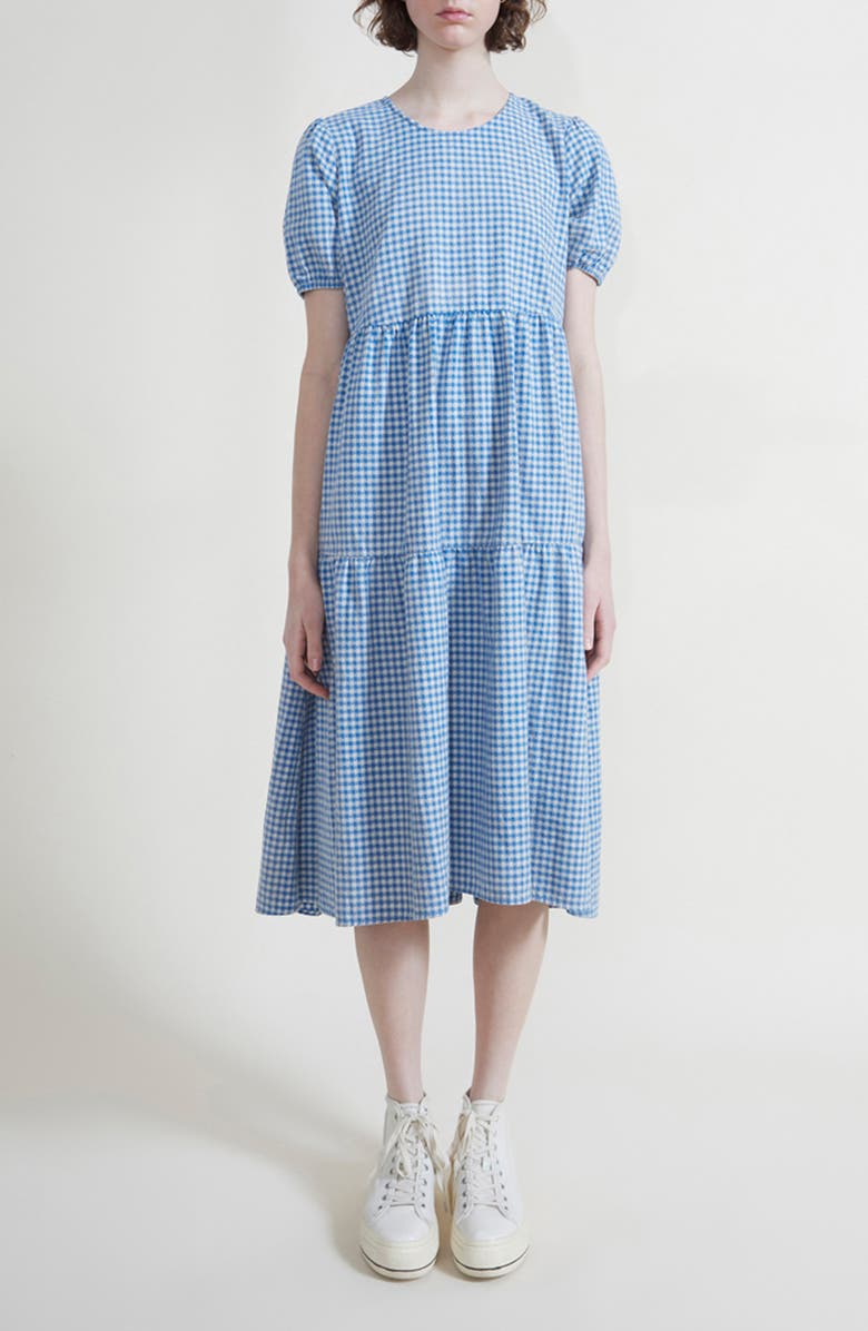 DENIMIST Tiered Cotton Midi Dress, Main, color, Bright Blue Mini Gingham
