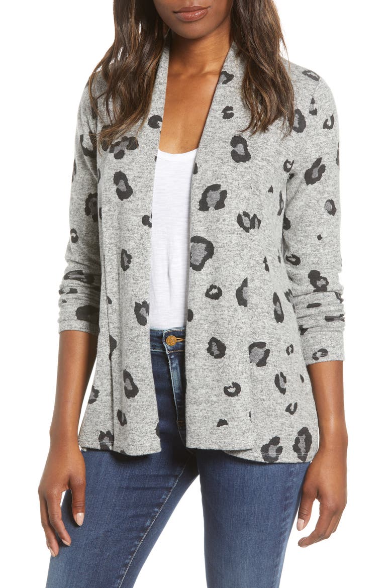 Gibson Open Front Fleece Cardigan, Main, color, GREY LEOPARD