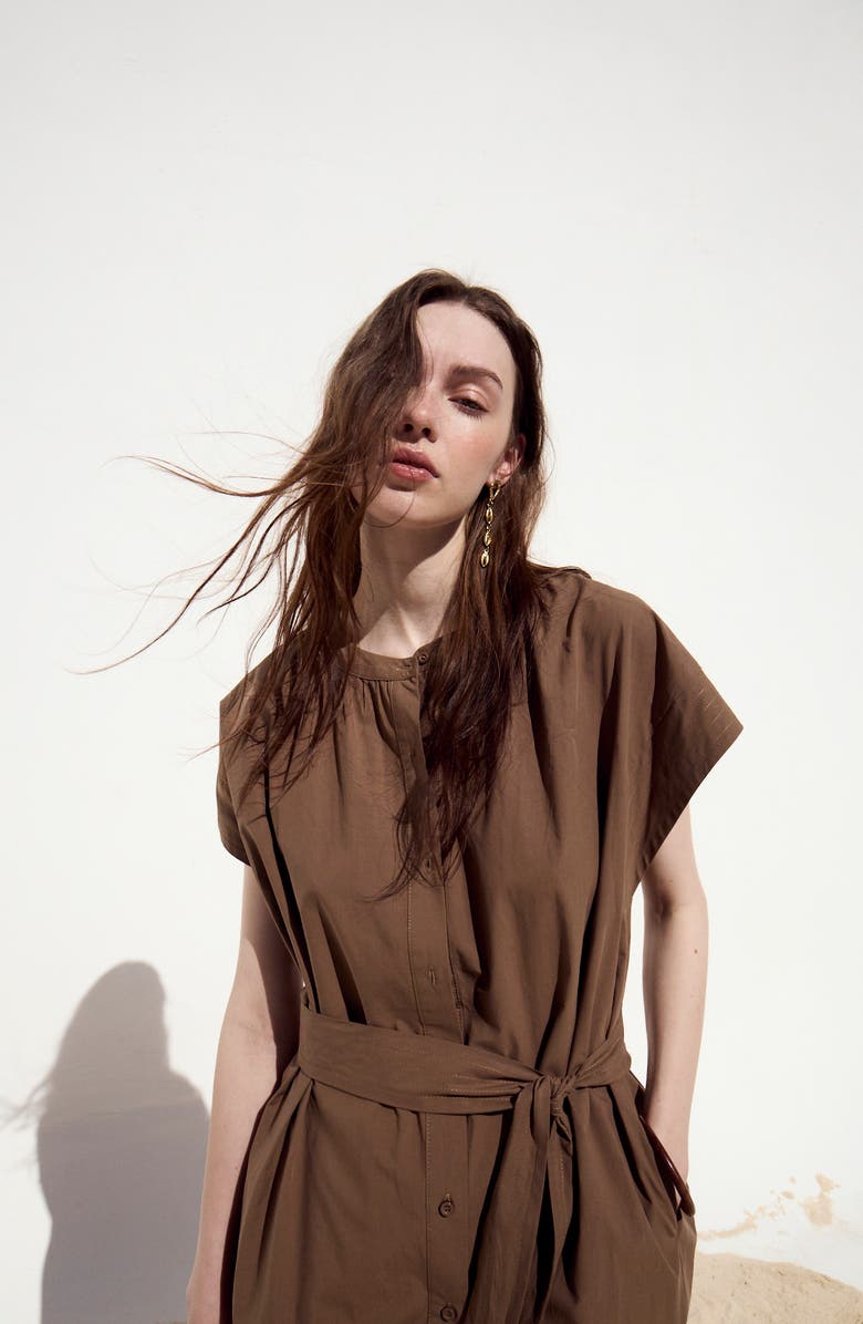 DELUC Cancela Cap Sleeve Cotton Poplin Shirtdress, Alternate, color, Pecan