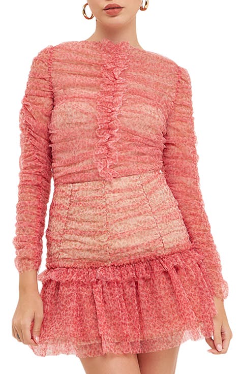 Floral Print Ruffle Tulle Top