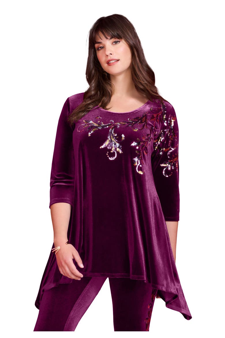 Velour Hanky Hem Tunic, Main, color, DARK BERRY EMBELLISHED SEQUIN