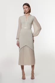 Karen Millen Pu Trim Woven Sleeved Pleated Dress