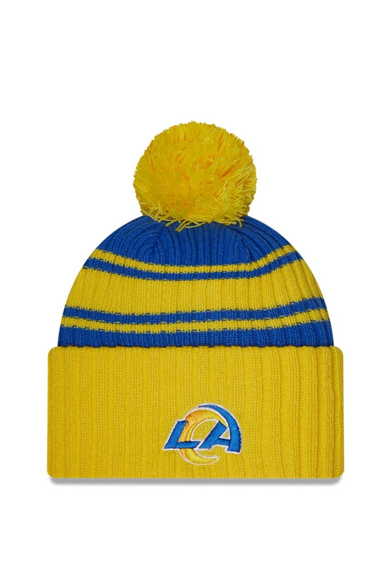 Men's New Era Blue/Gold Los Angeles Rams 2022 Sideline Cuffed Pom Knit Hat, Alternate, color, Blue