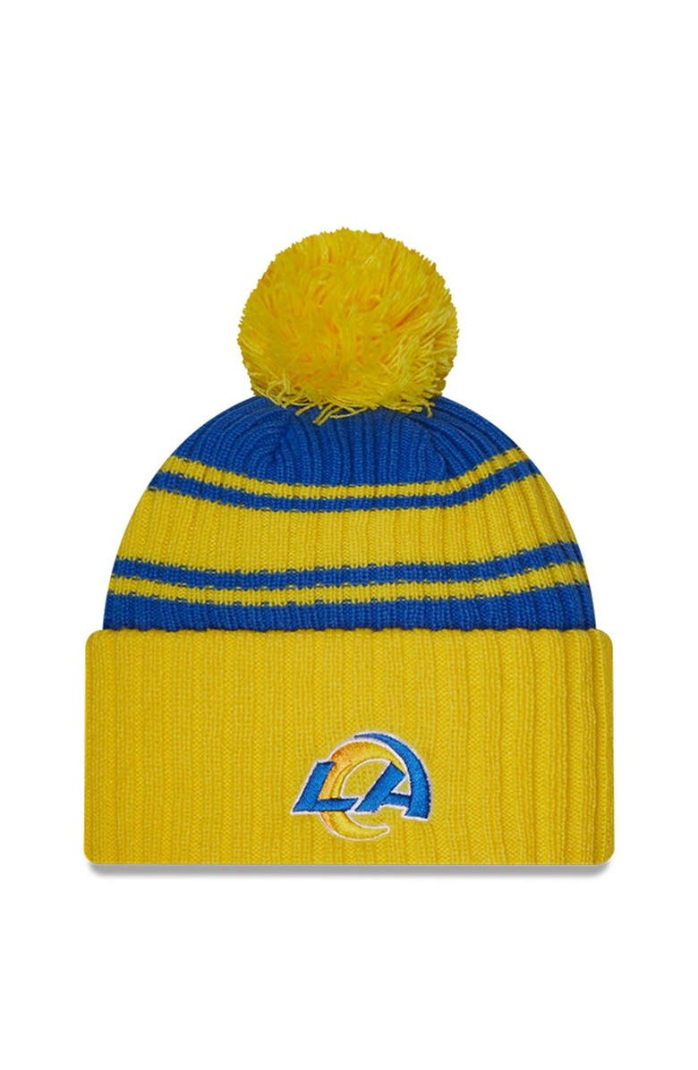 New Era Men's New Era Blue/Gold Los Angeles Rams 2022 Sideline Cuffed Pom Knit Hat, Alternate, color, 