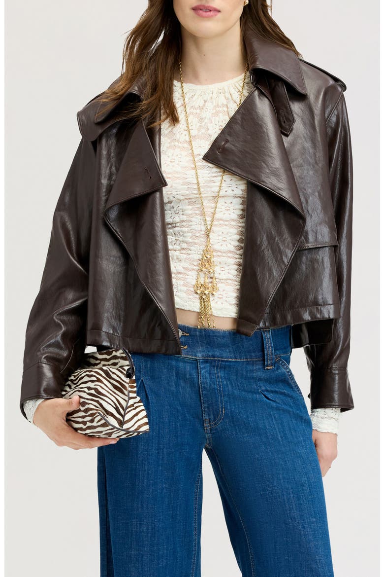 Draped Faux Leather Jacket, Main, color, DARK BROWN